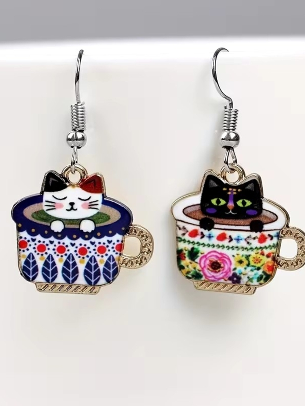 Cute Cats in Floral Teacups Earrings - Colorful Design Womens Jewelry